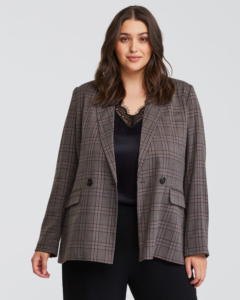 Front of a model wearing a size 20W Lilibet Check Jacket in Brown Check by Estelle. | dia_product_style_image_id:315629